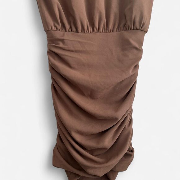 Abercrombie & Fitch Taupe Ruched Mini Dress – Bodycon Short Sleeve Neutral xs - Picture 7 of 8